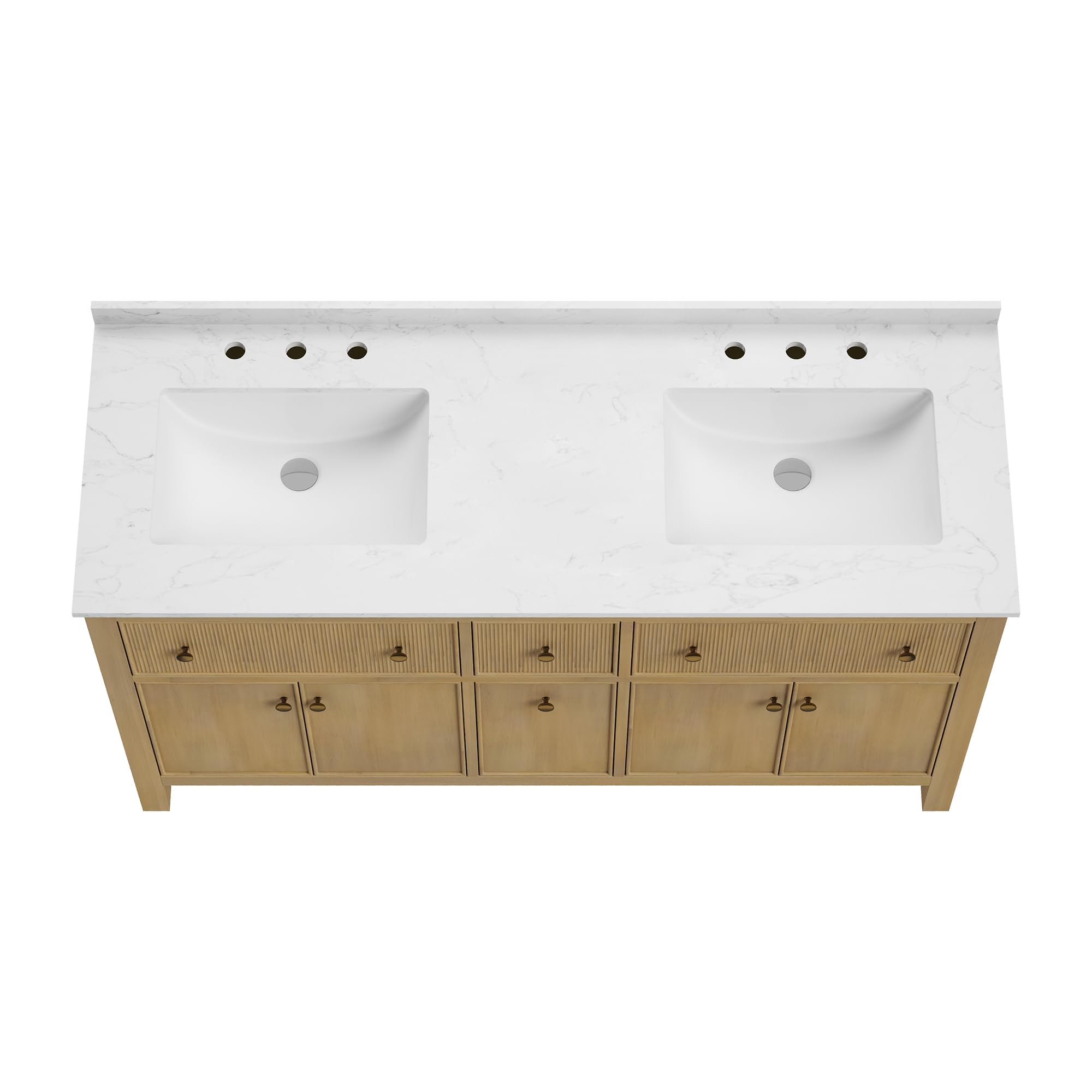 Deer Valley 60" Bathroom Vanity with Double Sink Top, Pre-assenmbled Vanity with Quiet-Close Drawers and Splash Guard, 3-Hole Pre-drilled, Ample Storage, Natural Wood Color