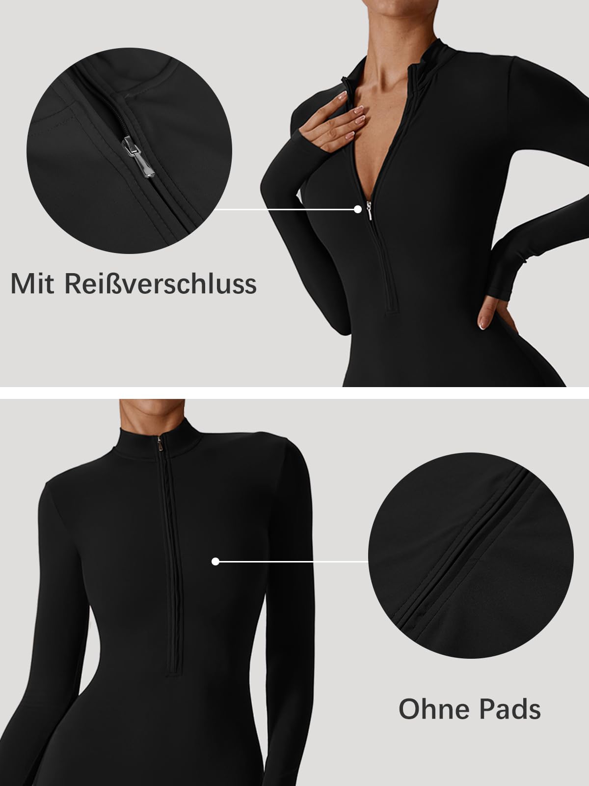 Ecupper Jumpsuits Damen Yoga Bodycon Einteiler Zip Up Overall Rompers Langärmelig Workout Outfit