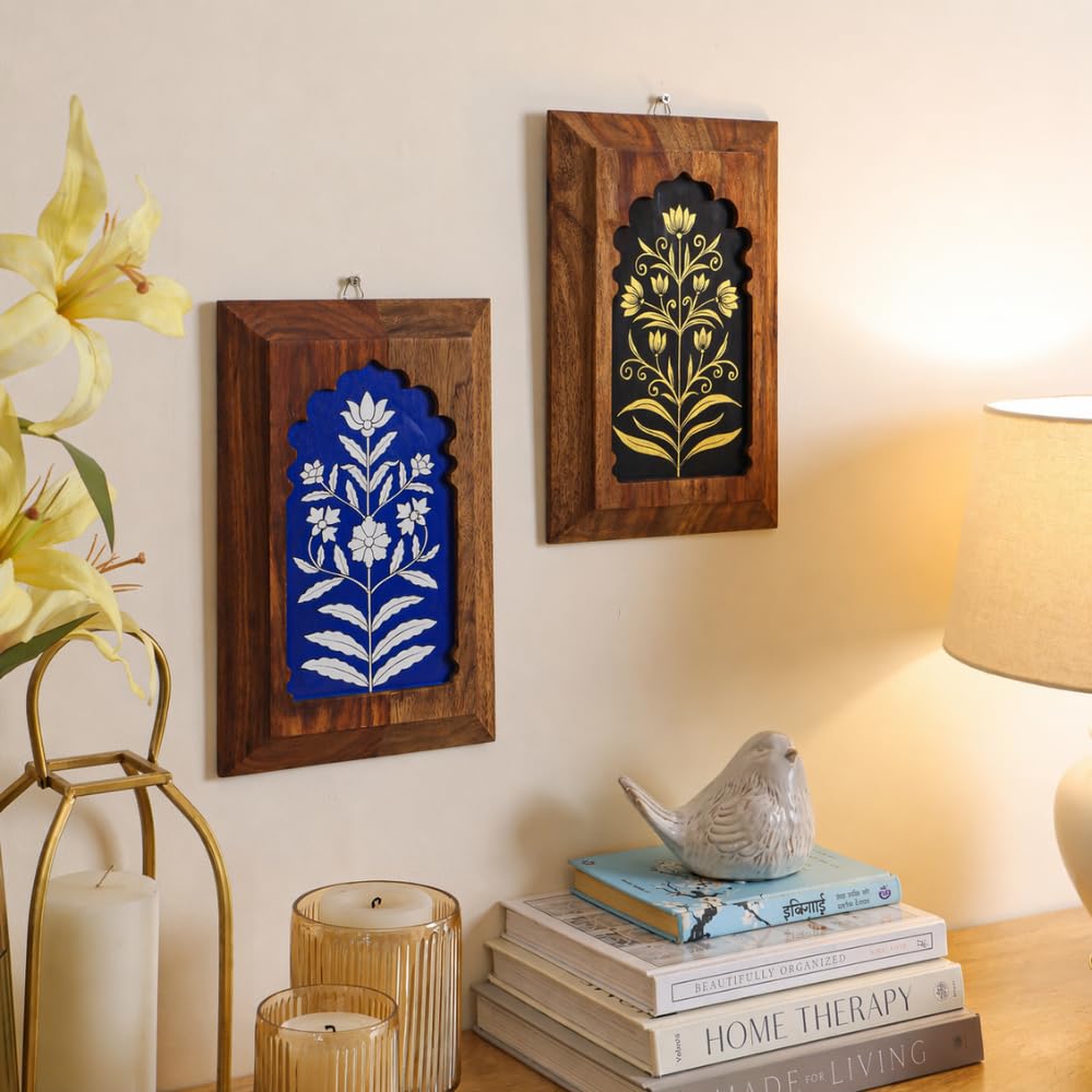Mirai woods Hand-Painted Sheesham Wood Wall Decor Plates (Set of 2, 8x12 Inch) | Traditional Wooden Jharokha Wall Hanging Frame for Living Room, Home Decoration & Gifting (Blue & Black)-image-30