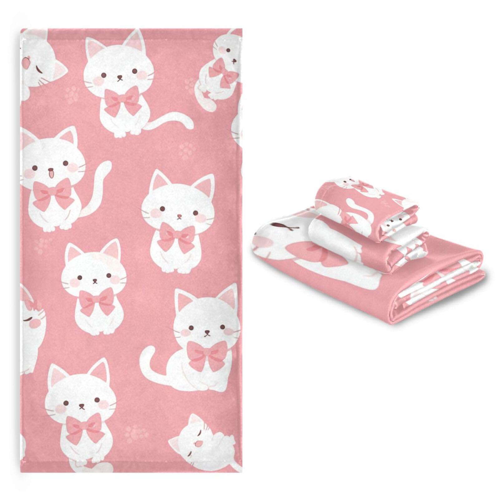 Set di 3 asciugamani per il viso con gatti bianchi carini rosa dalla testa ai piedi, 1 asciugamano da bagno, 1 asciugamano per le mani, 1 panno per il bagno e la cucina