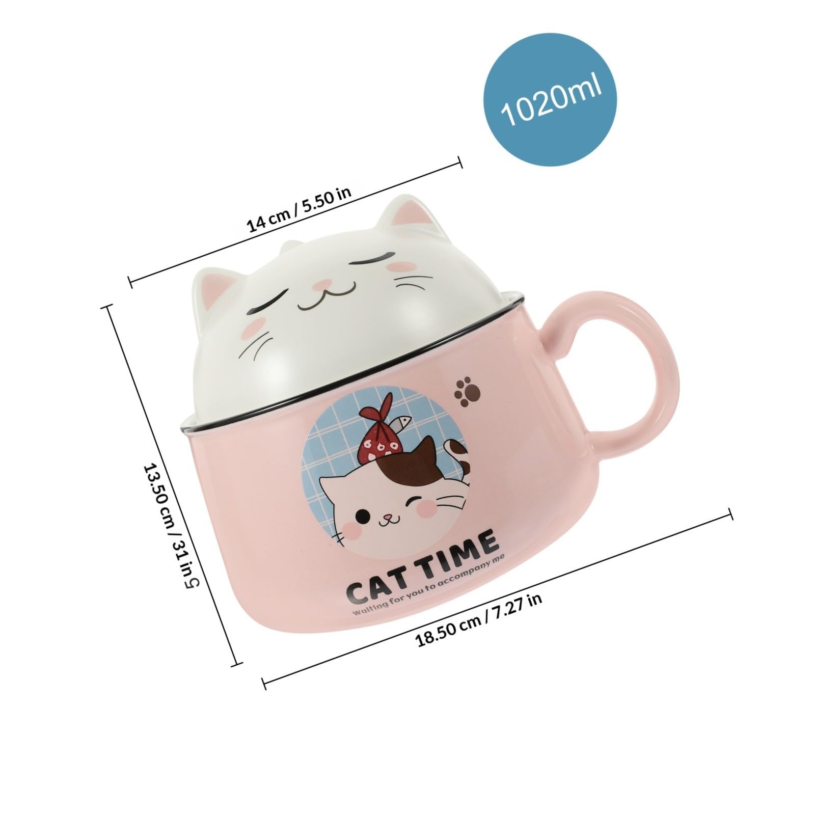 Katzenmotiv Ramen Schüssel Satz mit Deckel, 1020ml, Rosa | Keramik und Edelstahl, 1 Satz für Hauswarming, Langlebig und Leicht zu Reinigen