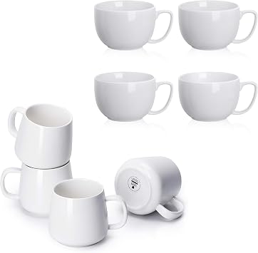 Teocera Jumbo Mugs, Soup Bowls with Handles, 24 Ounce for Coffee - Set of 4 + Coffee Mugs Set of 4-12 Ounce Smooth Ceramic with Modern Design, White