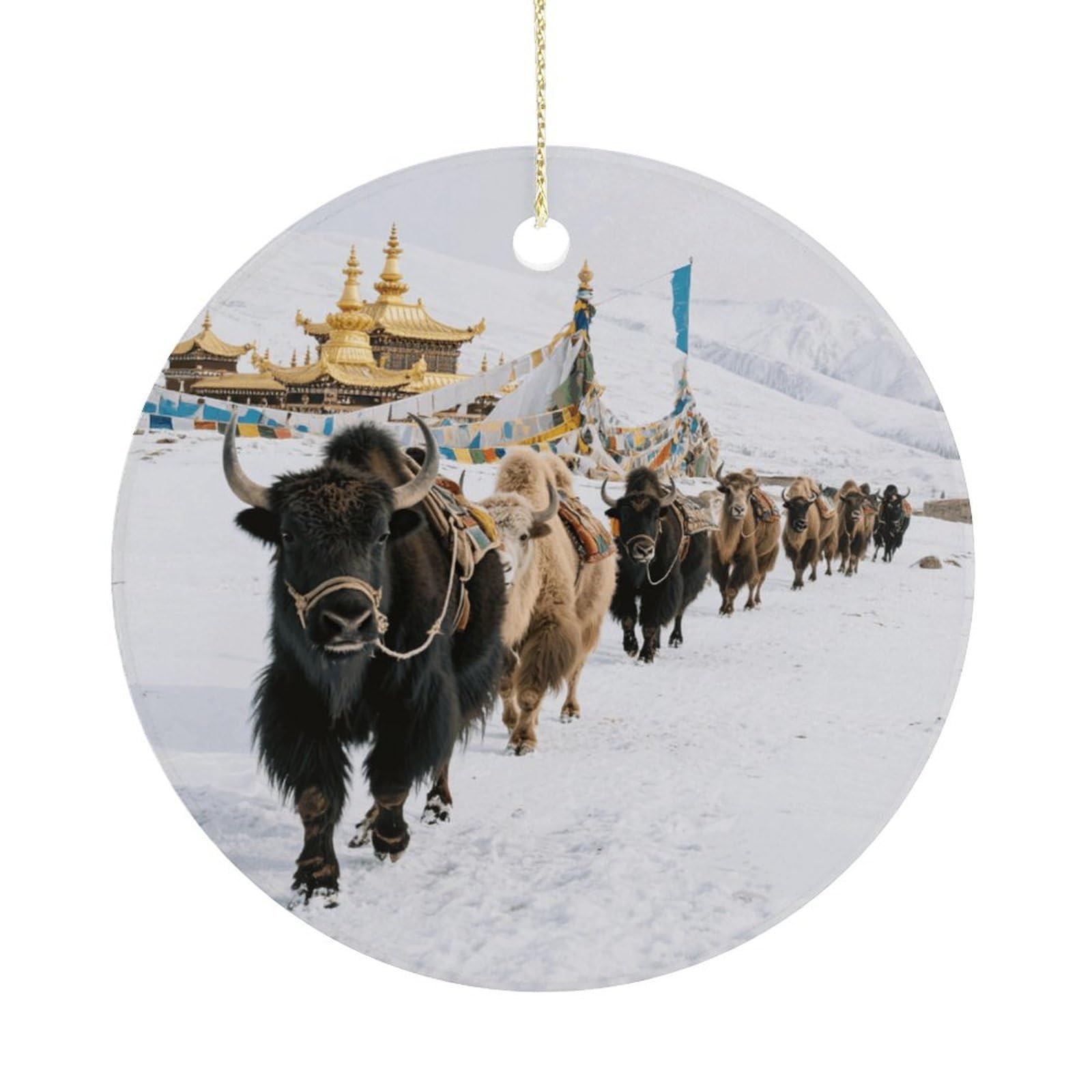 Personalized Christmas Ornaments 2025 Ceramic Hanging Snow Mountain Caravan Ornaments with Gold String Double-Sided Vintage Holiday Decorations for Tree Mantel Tabletop Xmas Party Favors
