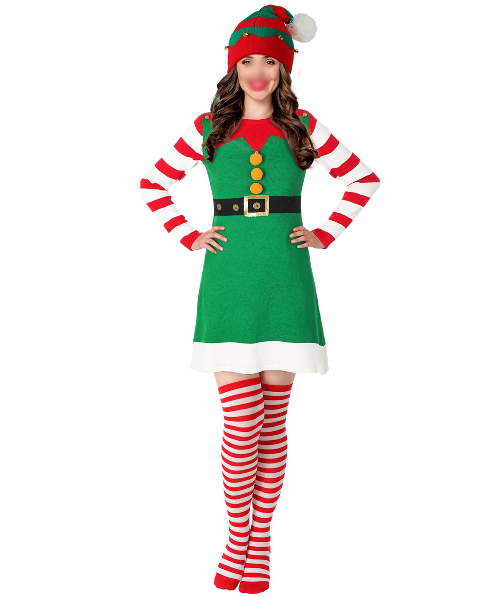 Kfsghdnz Women’s Christmas Elf Dress Festive Green Red Striped Sleeve Xmas Party Costume with Thigh High Socks and Hat 3 Piece Dress Up (Green A, M)