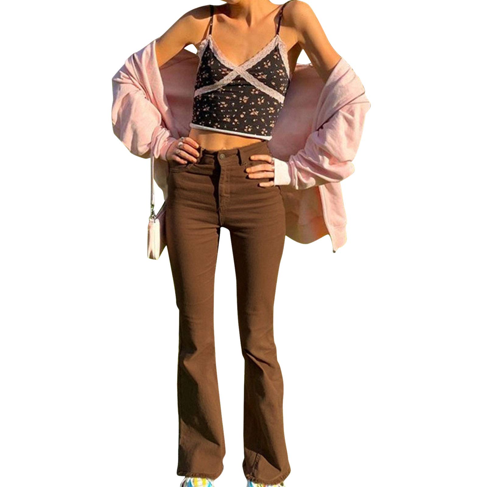 Las mujeres Vintage Jeans De Cintura Alta Denim Rectos Pantalones Niñas Y2K Patchwork Baggy Suelto Slim Elástica Larga Campana Jeans