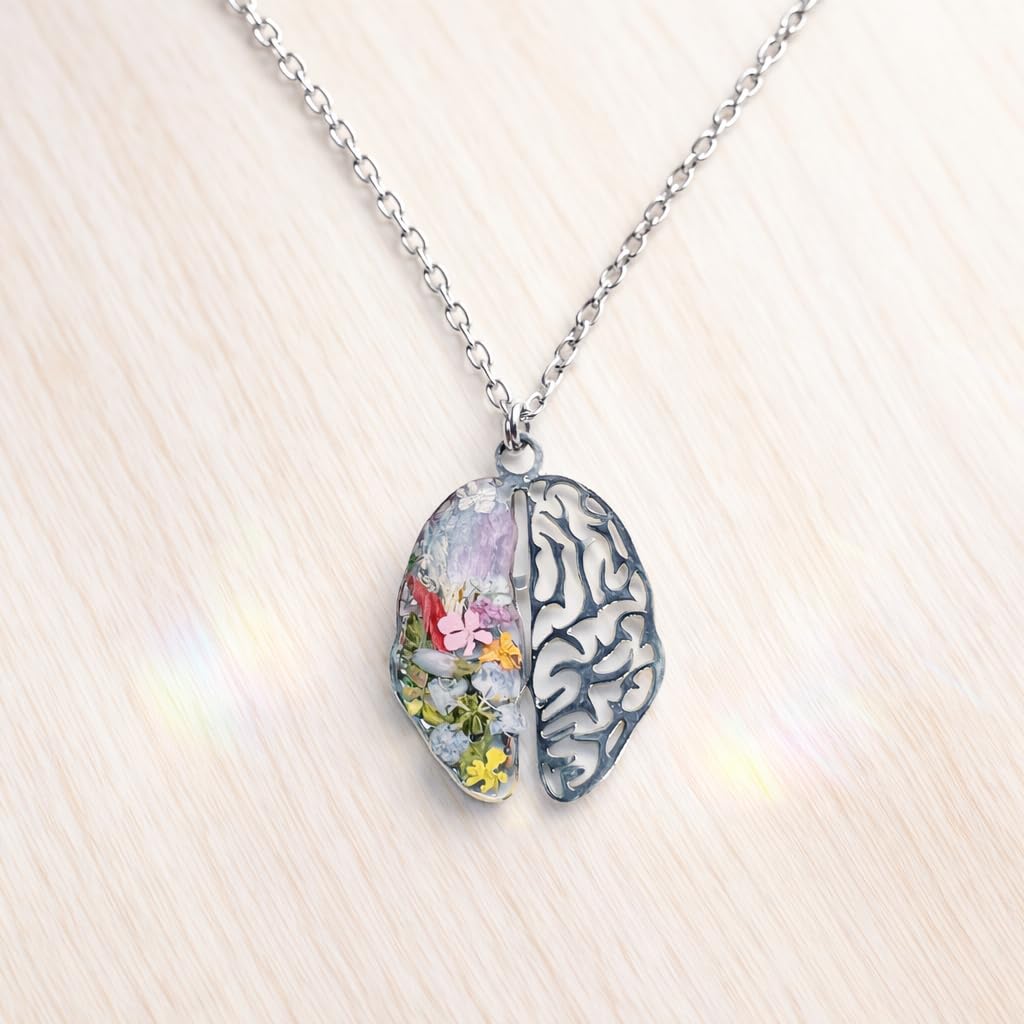 Generico BeFloral Collana Donna Acciaio Inossidabile Argento, Ciondolo Cervello con Fiori Veri in Resina (Botanico + Traforato), Idea Regalo Psicologa/Medico/Laurea