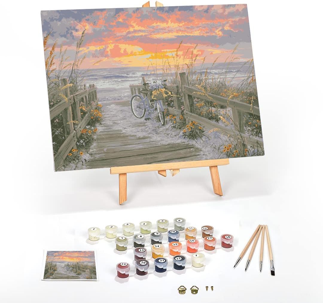 Ledgebay DIY Paint by Numbers Kit for Adults Framed Canvas: Beginner to Advanced Paint by Numbers Kit, Kits Include Acrylic Paint Set Brushes Tabletop Easel (Morning Ride 12" x 16" Framed)