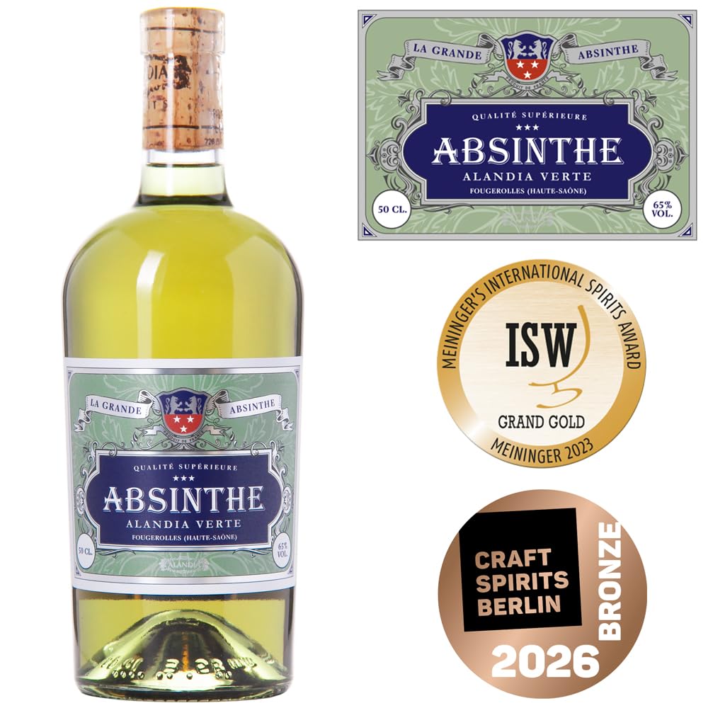 Absinth ALANDIA Verte | Mit Goldmedaille prämiert | Original Rezeptur aus dem 19. Jh. | Ohne Farbstoff | 65% Vol. | (1x 0,5 l)