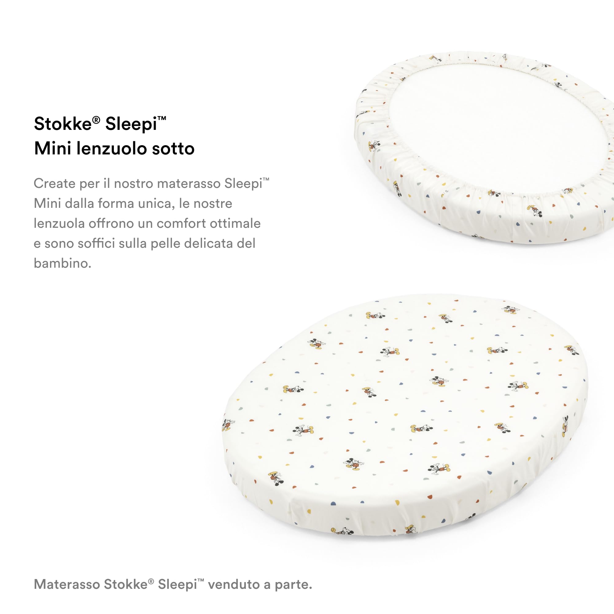 Mini lenzuolo sotto Stokke Sleepi, Mickey Celebration - Morbide lenzuola per sogni dolcissimi - Per il materasso ovale Sleepi Mini - Sicuro e Lavabile in lavatrice - 100% Morbido cotone Percalle