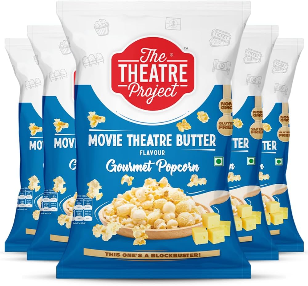 The Theatre Project Movie Theatre Butter Popcorn - Gourmet Snack, Buttery, Crispy Popcorn for Movie Nights Combo Pack of 5 Pouches (135g)