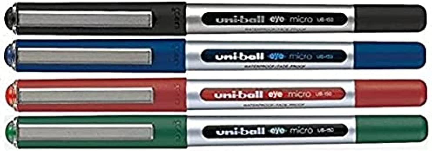 UB-150E Liquid Ink Rollerball Pen - Fine 0.5mm Tip - Black, Blue, Green, Red - Pack of 4