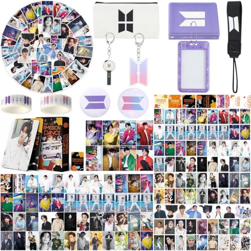 Army Fans Gifts Set Merch, Including 55 Postcards, 93 Stickers, 2 Keychain, 2 Pin Badge, 2 Paper Tape,Photocards Binder, ID Badge Holder, Lanyard and Coin Pouch