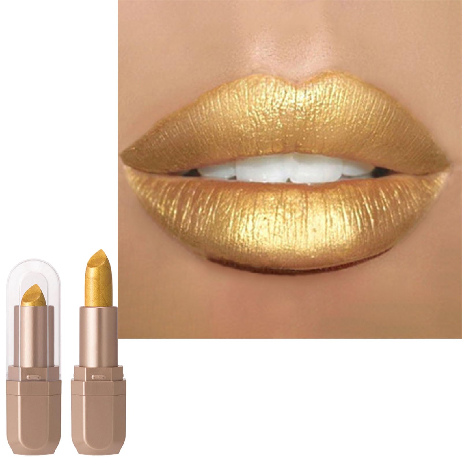 Metallic Shine Glitter Lipstick, Gold Shimmering Tinted Lip Balm, Lightweight Soft Smooth Long Lasting Full-Coverage Lip Color, Longlasting Non-Sticky Lip Stick Gift for Women