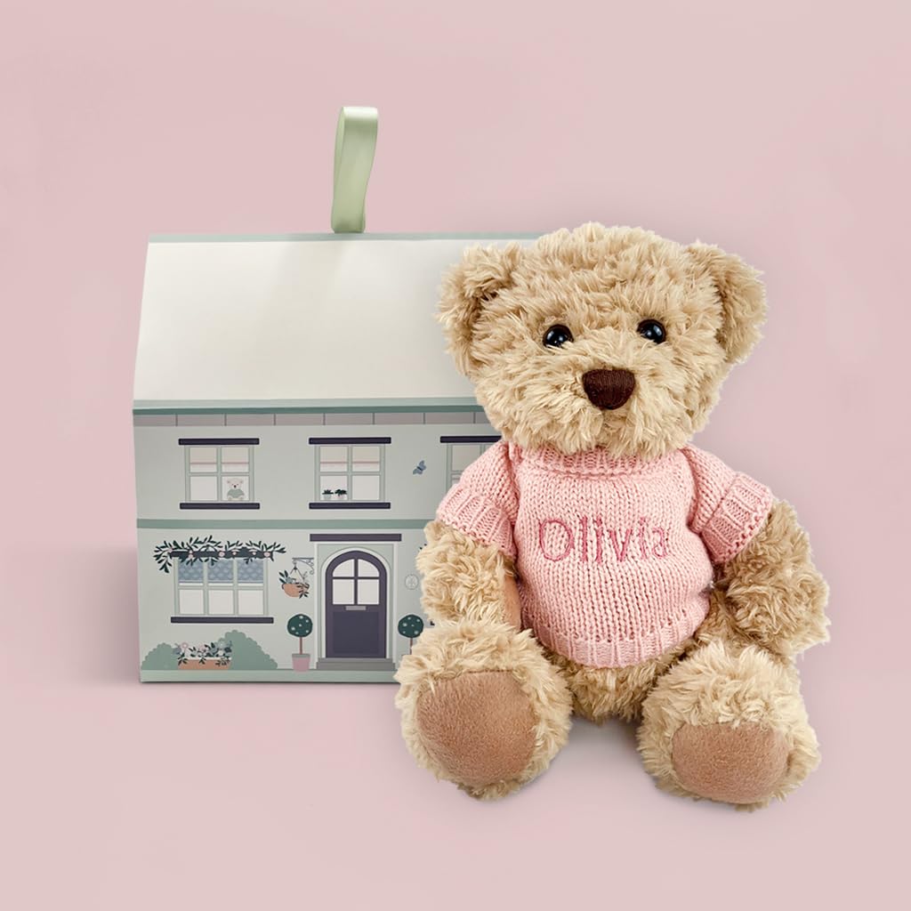Babyblooms Personalised Bertie Bear Soft Toy, Teddy Bear with Pink Knitted Jumper