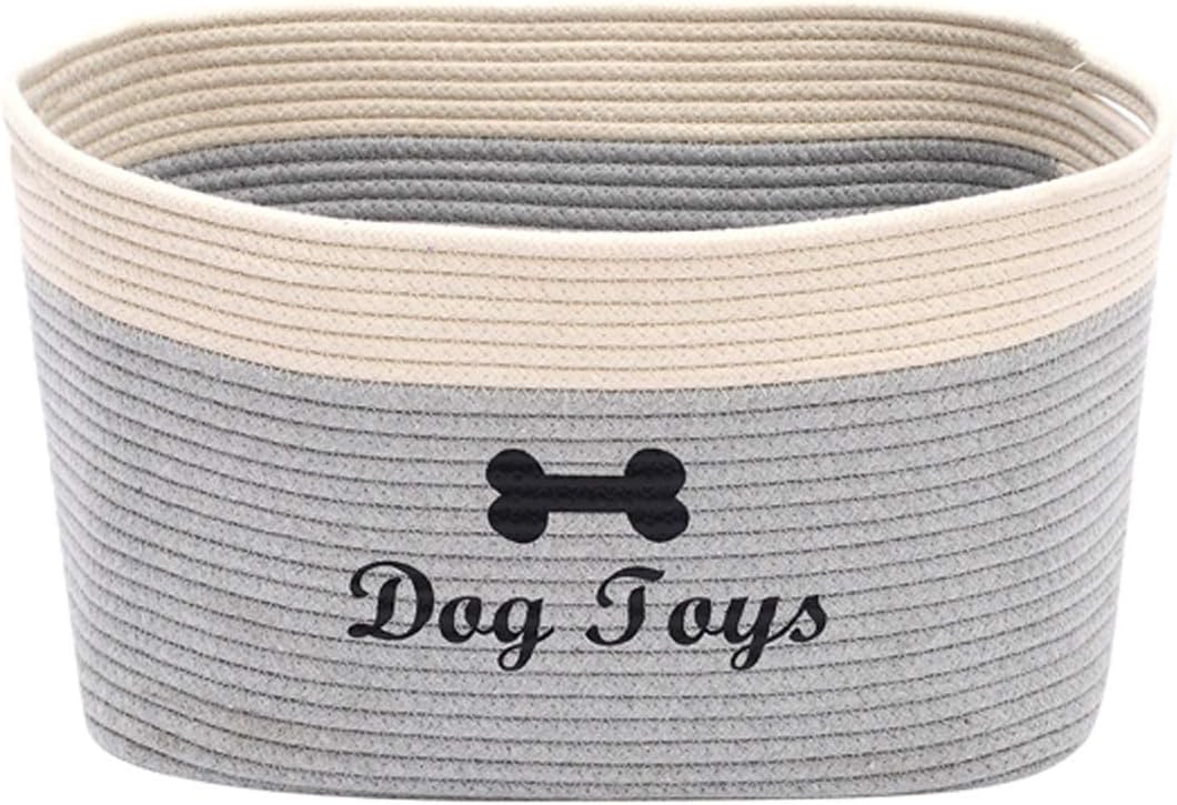 Morezi soft rope dog toy basket with handle, large dog bin, pet bed, pet toy box- Perfect for organizing pet toys, blankets, leashes - GreyWhite