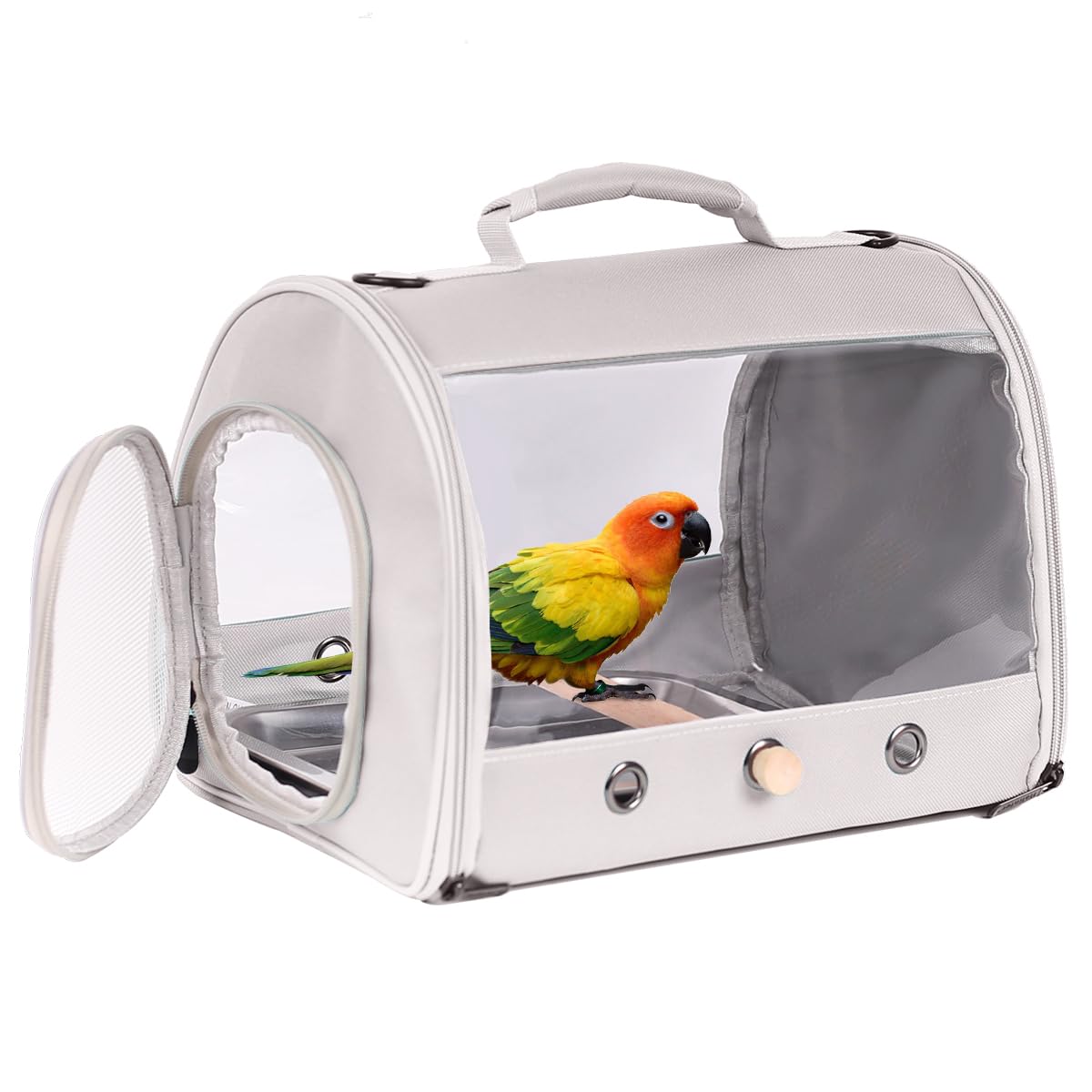 Small Bird Travel Carrier Cage for Long Tail Bird Parakeet Parrot, Includes Metal Tray Soft Mat and Wooden Standing Perch, Hands Free Lightweight Clear 2 Windows