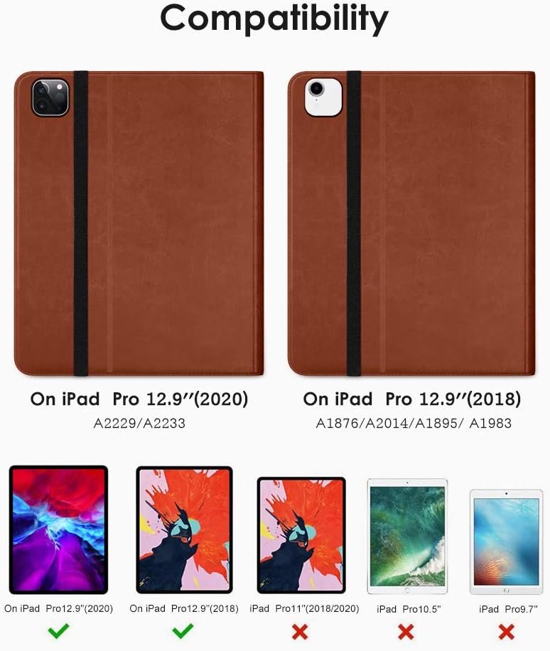 DTTO Case for New iPad Pro 12.9 Inch 4th Generation 2020/2018, Premium PU Leather Folio Stand Cover [Apple Pencil Pair and Charge Supported] - Auto Wake/Sleep and Multiple Viewing Angles, Brown