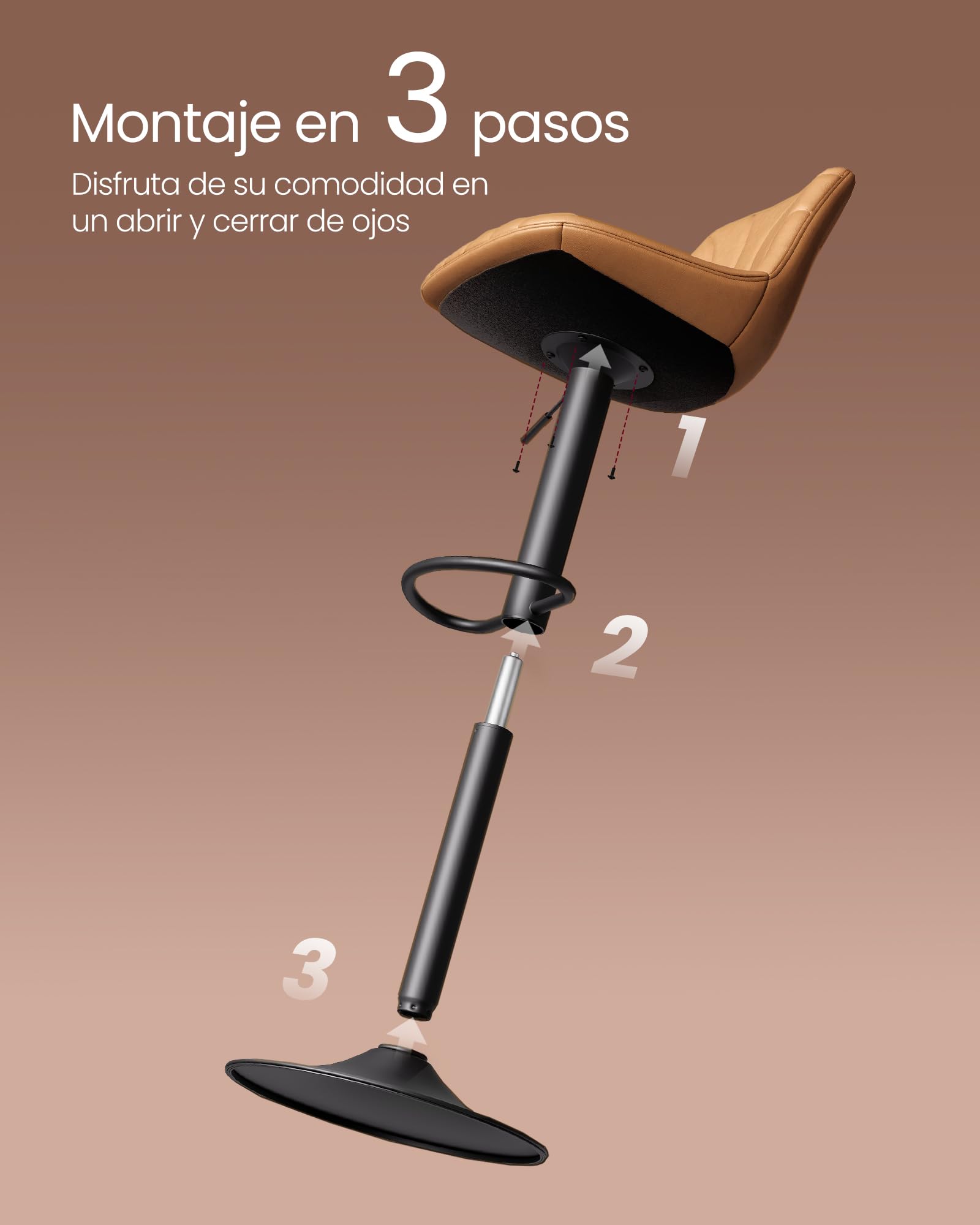 VASAGLE Taburetes de Bar, con Respaldo, Sillas de Bar de Altura Ajustable, Giro de 360°, Reposapiés de Metal, para Comedor y Cocina, PU, Juego de 2, Marrón Caramelo LJB181KN01