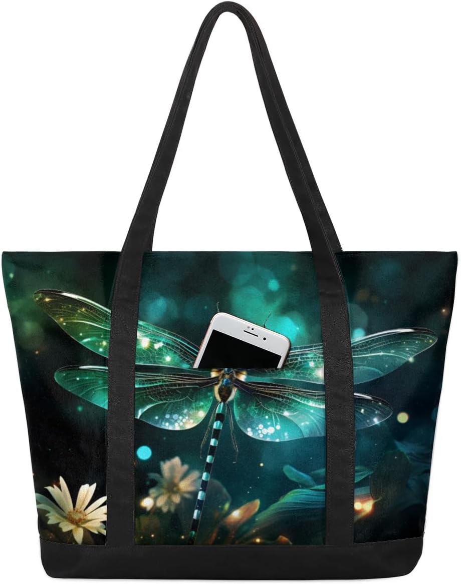 Shiny Dragonfly Tote Bag for Women Work Canvas Travel Tote Bags with Zipper Large Capacity Casual Handbag with Inner Pockets Reusable Shopping Shoulder Bag for Teacher Nurse