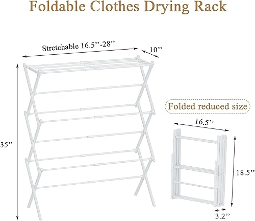 Miniatura 6 de Tendedero plegable para ropa, 3 niveles, portátil, para interiores y exteriores, antioxidante, compacto, plegable, color blanco, 28 pulgadas de