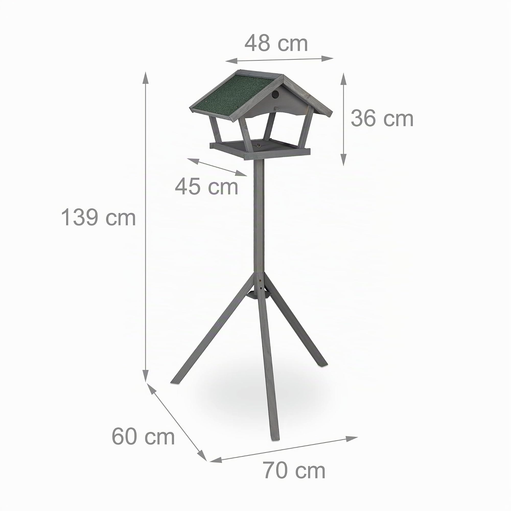 Relaxdays Comedero Pájaros con Trípode, Casa Aves, Alimentador Gorriones de Pie, 139x70x60cm, Tejado, Madera, Gris/Verde
