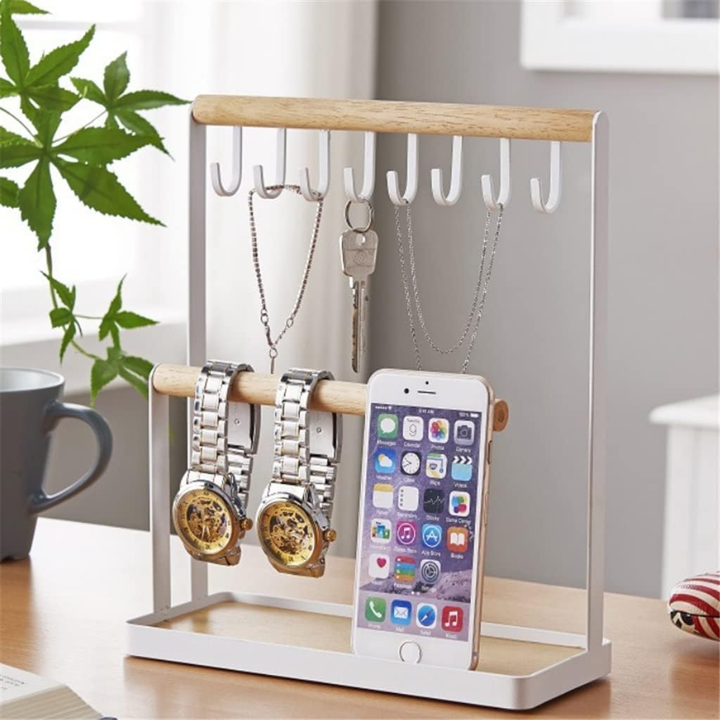 Wooden Jewelry Organizer Holder Rack with Hooks Shelf Hanging Earrings Necklaces Bracelets Storage Accessories
