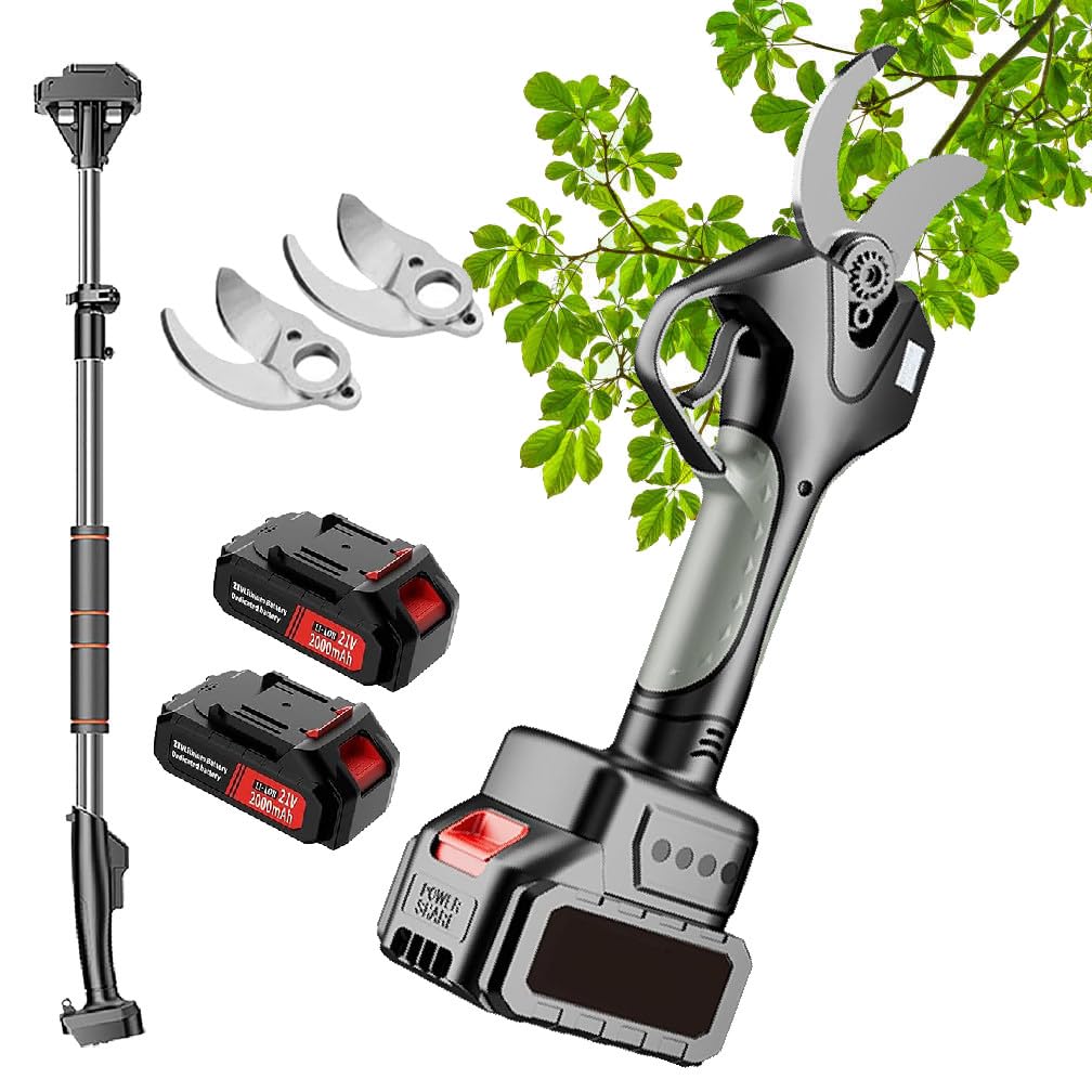 Tijeras de podar inalámbricas, Tijeras podadoras de jardín, con 2 baterías y Poste de extensión de 2,1 m, Corta Ramas de hasta 50 mm de diámetro, para jardín y poda