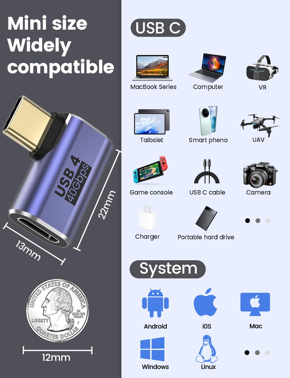MOGOOD 90 gradi USB C adattatore 100W (2 pacchetti), 40Gbps Tipo C maschio a Tipo C femmina adattatore, compatibilità con Thunderbolt4, Laptop, Steam Deck, iPad Mini, Galaxy S25, MacBook, Smart Tablet