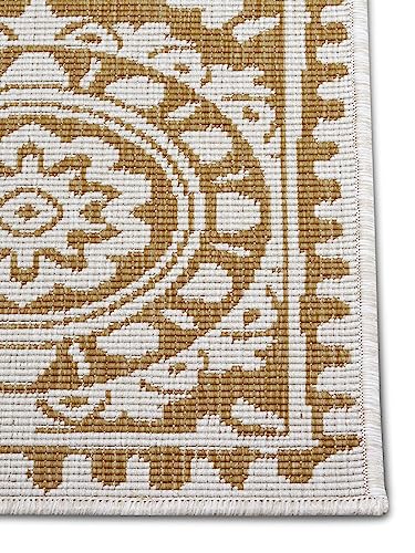 Hanse Home Northrugs Jardin In- & Outdoor Wendeläufer - Flachgewebe, Teppichläufer, Retro Design, ÖKO-TEX, Wetterfest- & UV-beständig für Balkon, Terrasse, Garten - Ocker, 80x250cm