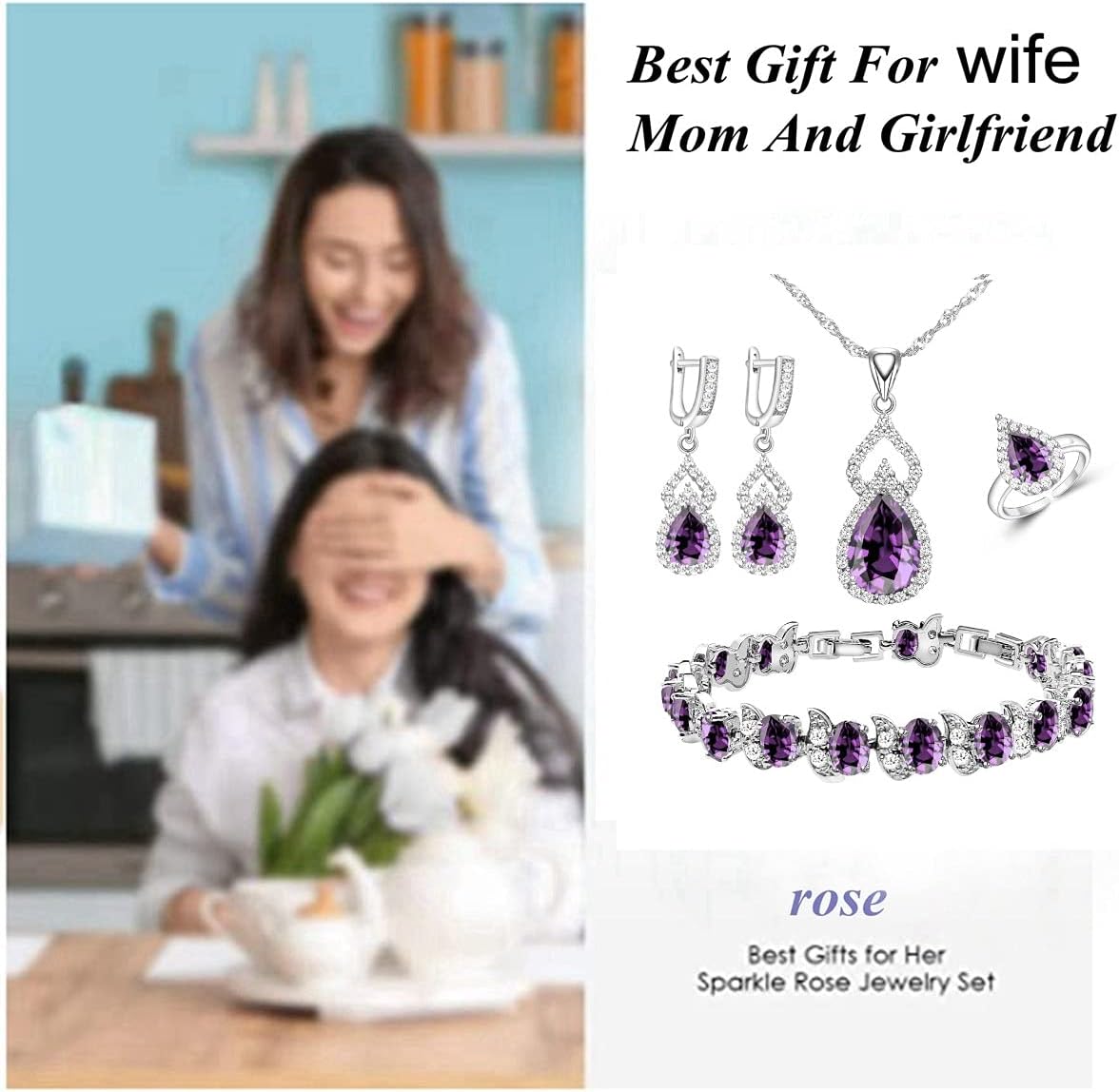 LMXXVJ Women Jewelry Set Platinum Plated Necklace Open Ring Earrings Bracelet Set,Birthday/Anniversary Mother’s Day Jewelry Gifts for Mom/Wife/Sister/Best Friend