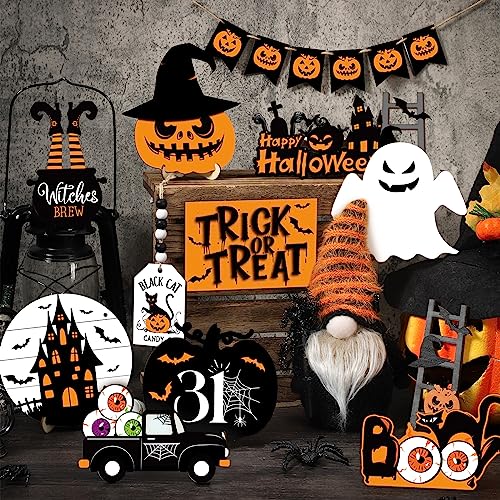 Geetery 18 Pcs Halloween Tiered Tray Decorations Set Happy Halloween Wooden Sign Cute Gnome Plush Pumpkin Boo Ghost Farmhouse Rustic Tiered Tray Decor for Home Table - Image 3