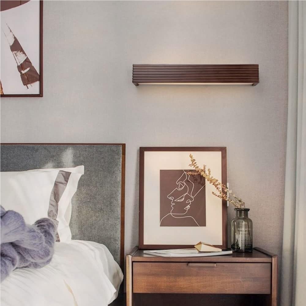 Drewniana lampa ścienna LED z wbudowanym lustrem, nowoczesny styl, długa i minimalistyczna, idealna do makijażu, sypialni lub przedpokoju (ciepłe światło, 55 cm).