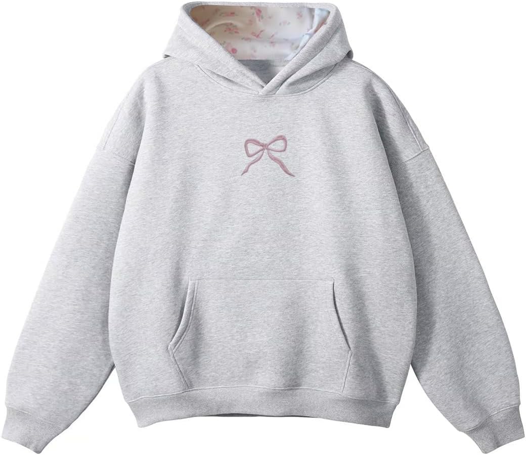 Bow Hoodie Hibiscus Women Oversized Cute Graphic Embroidered Preppy Y2K Long Sleeve Sweatshirt Pullover