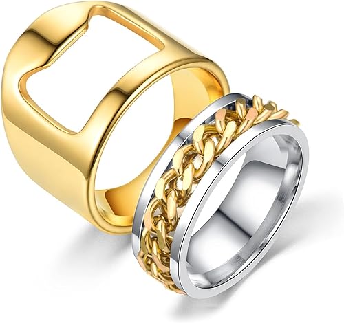 Miniatura 1 de COLORFUL BLING Abridor de botellas de acero inoxidable, 2 anillos, abrebotellas de cerveza de acero inoxidable, cadena giratoria, anillo de dedo