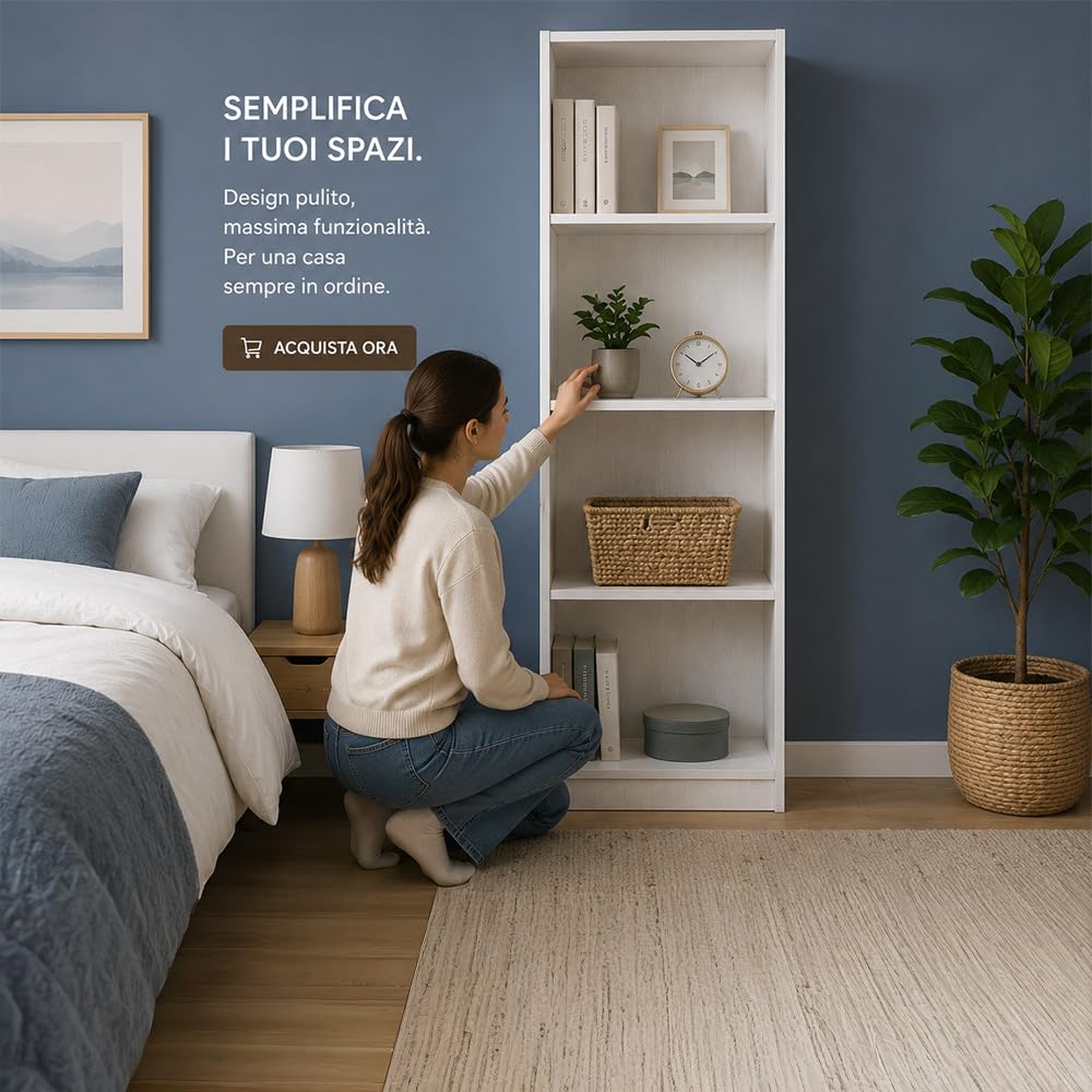 Libreria Verticale in Legno MDF - con Ripiani, Portaoggetti, a Giorno, Multiuso, per Ufficio, Soggiorno, Camera, Cucina, Autoportante - Texture Venata (Bianco, 60X24X170h CM)