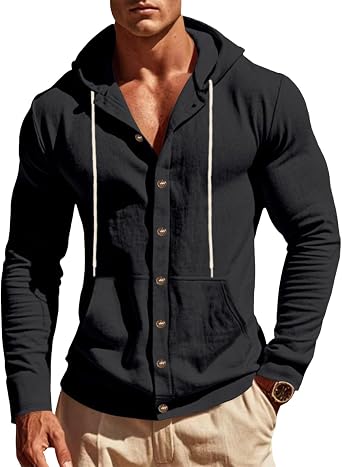 Linen Shirts for Men Casual Long Sleeve Button Down Shirts with Pocket Lightweight Fashion Vacation Hooded Tops