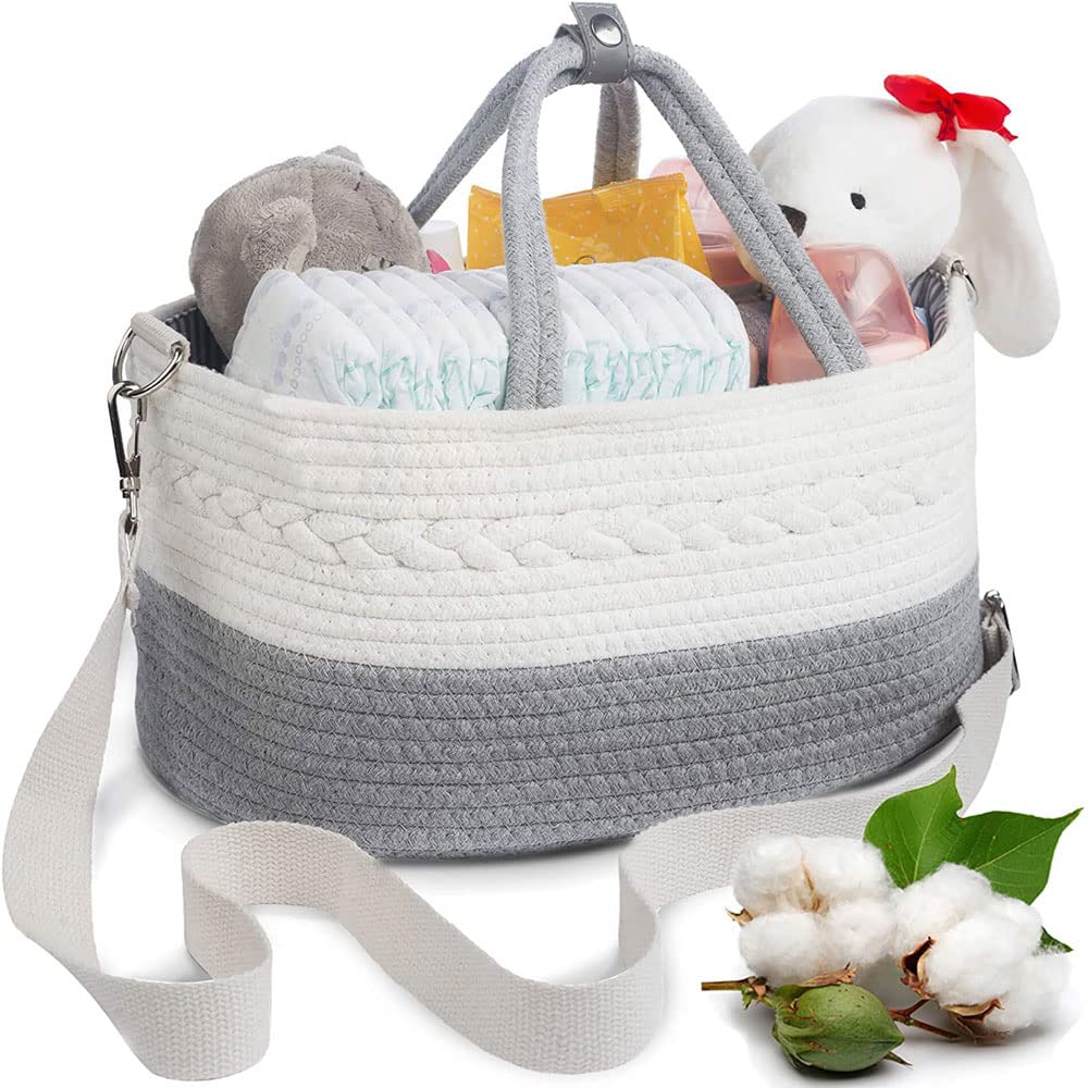 Homarket Baby Diaper Caddy Organizer, Cotton Rope Nursery Storage Bin for Changing Table and Car, Gift for Baby Shower (Grey&White)