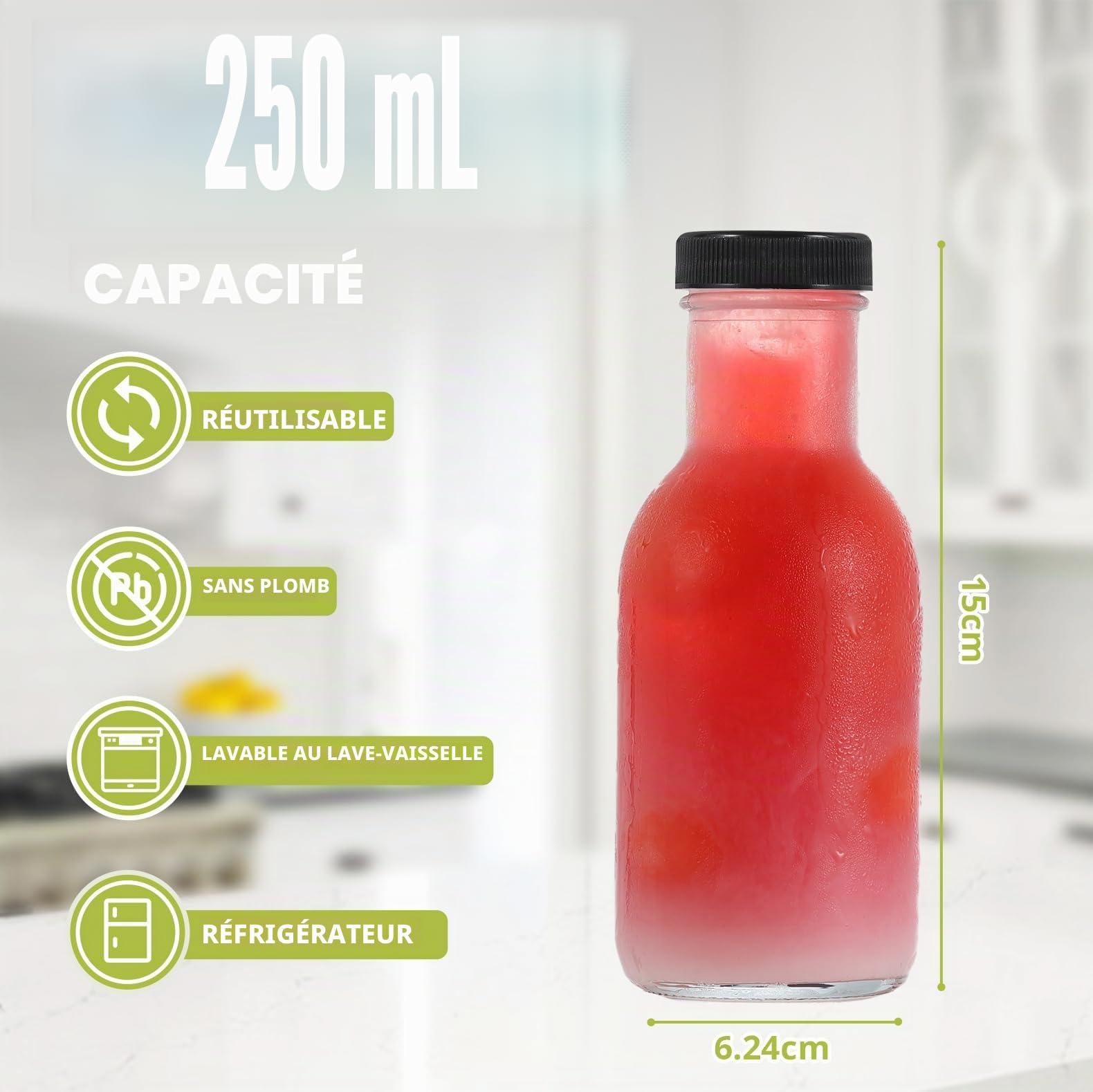 Limili Lot de 4 bouteilles de jus réutilisables 250 ml avec couvercles, bouteilles en verre transparent pour boissons faites maison, pique-niques, voyages, école