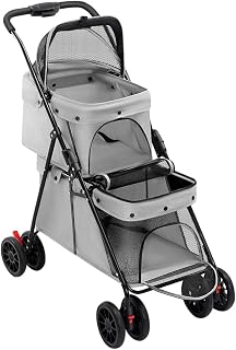 3-in-1 Foldable 2-Tier Dog Trolley, 2 Bags, Mesh Window, Wheels with Brakes, Removable Pads, Travel Trolley for Dogs, Cats - 67 x 50 x 95 cm - Grey