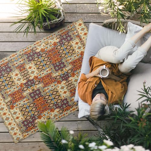 Tapis d'extérieur 150x225 cm PVC rectangle à motif patchwork géométrique pour terrasse