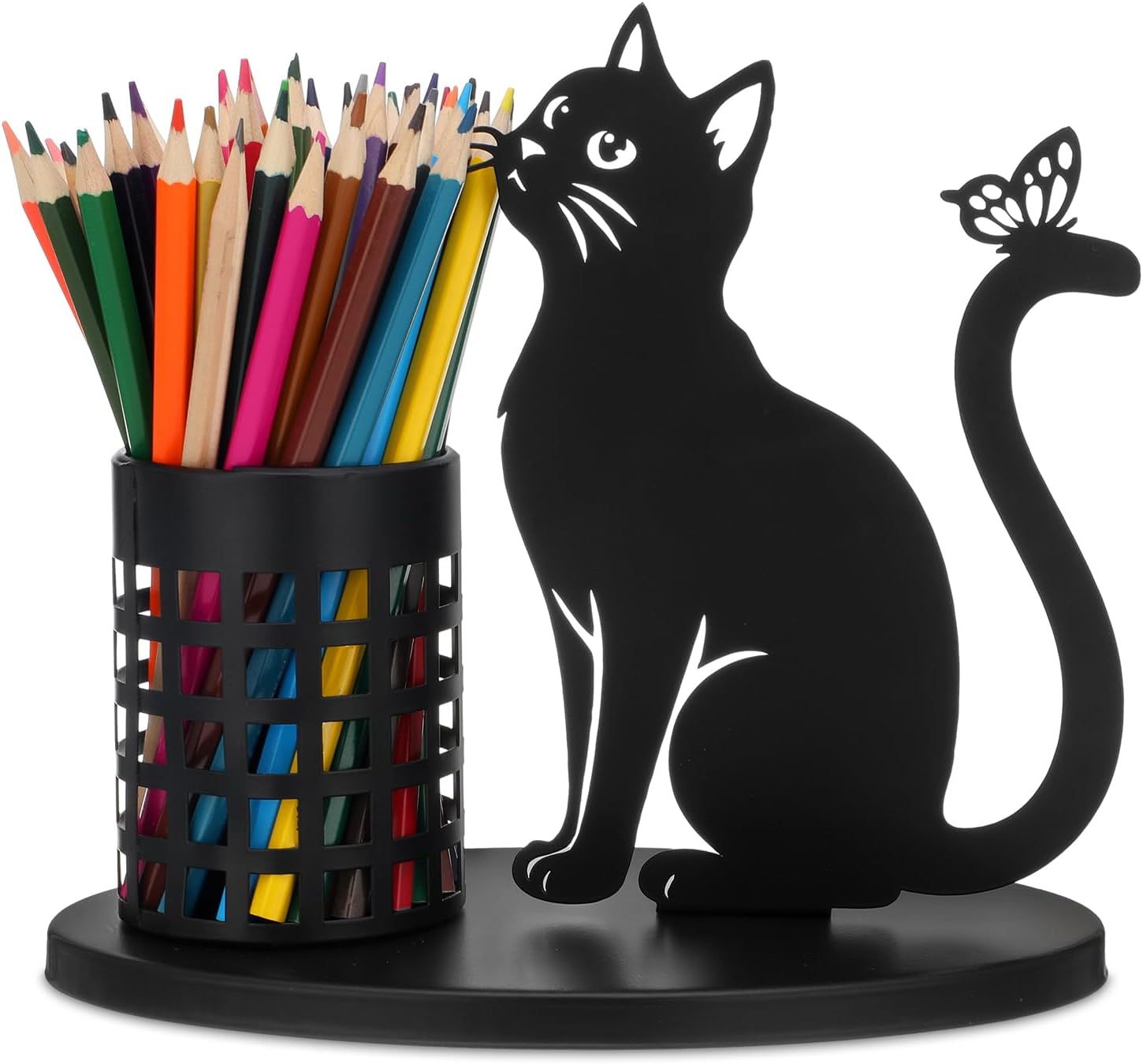 Tandefio Cat Pen Holder for Desk Cute Black Pencil Holder Metal Desk Accessories Organizer Makeup Brush Pen Cups for Office Home Decor Table Centerpiece Lover Gifts Women (Sitting)