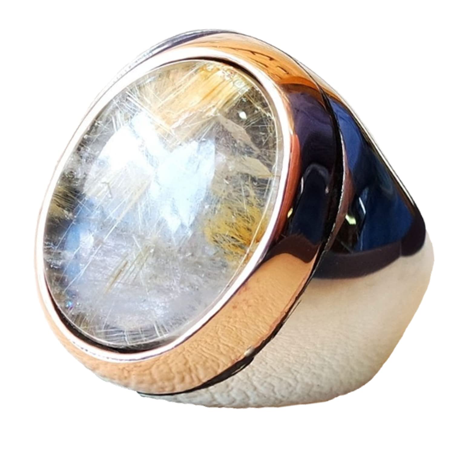 Anello di pietra preziosa naturale di quarzo rutilo dorato, cabochon ovale in argento sterling bicolore, anello con sigillo, regali di compleanno per il marito, anello (quarzo rutilo dorato)