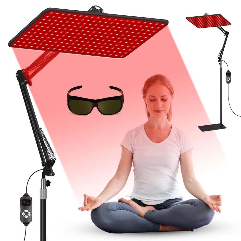 Rotlichtlampe für Körper & Gesicht,Infrarotlampe mit 200 LED & 5 Helligkeitsstufen, Tri-Wellenlänge (660nm 850nm 940nm) mit verstellbarem Ständer & Schutzbrille,Muskel- und Gelenkverspannungen lösen