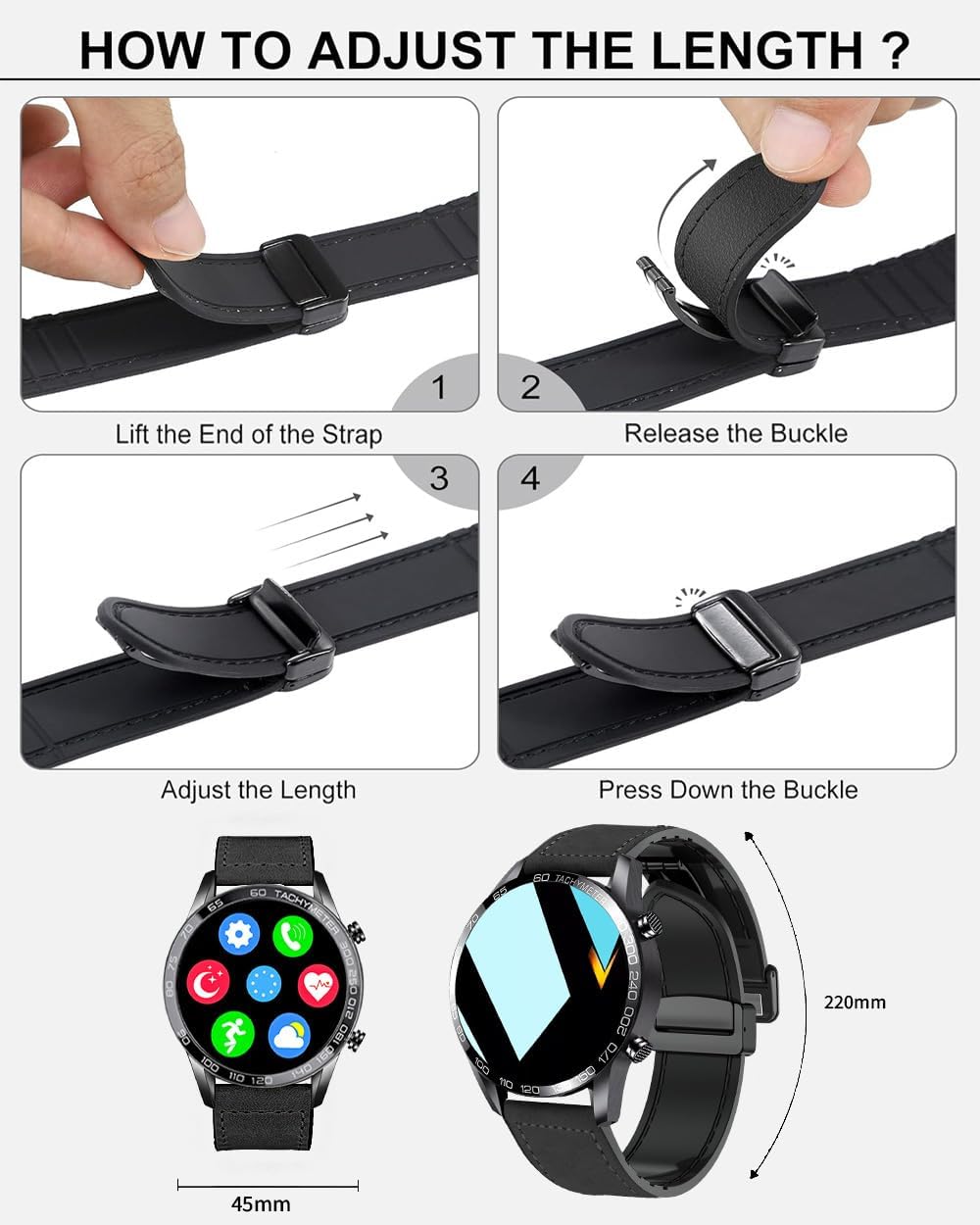 Smartwatch for Men Bluetooth Calls 1.39" Fitness Tracker with 100+ Sports Modes Smart Watch with Blood Oxygen/Sleep/Heart Rate Monitor Black Leather Band Smartwatches for Android iOS