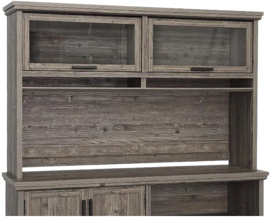 Pemberly Row Modern Engineered Wood Hutch, Pebble Pine/Brown Finish, 41.3 in H x 65.1 in W x 15.1 in D, Safety-Tempered Glass Doors, Storage Cubbyholes, Compatible with Credenza or L-Shaped Desk