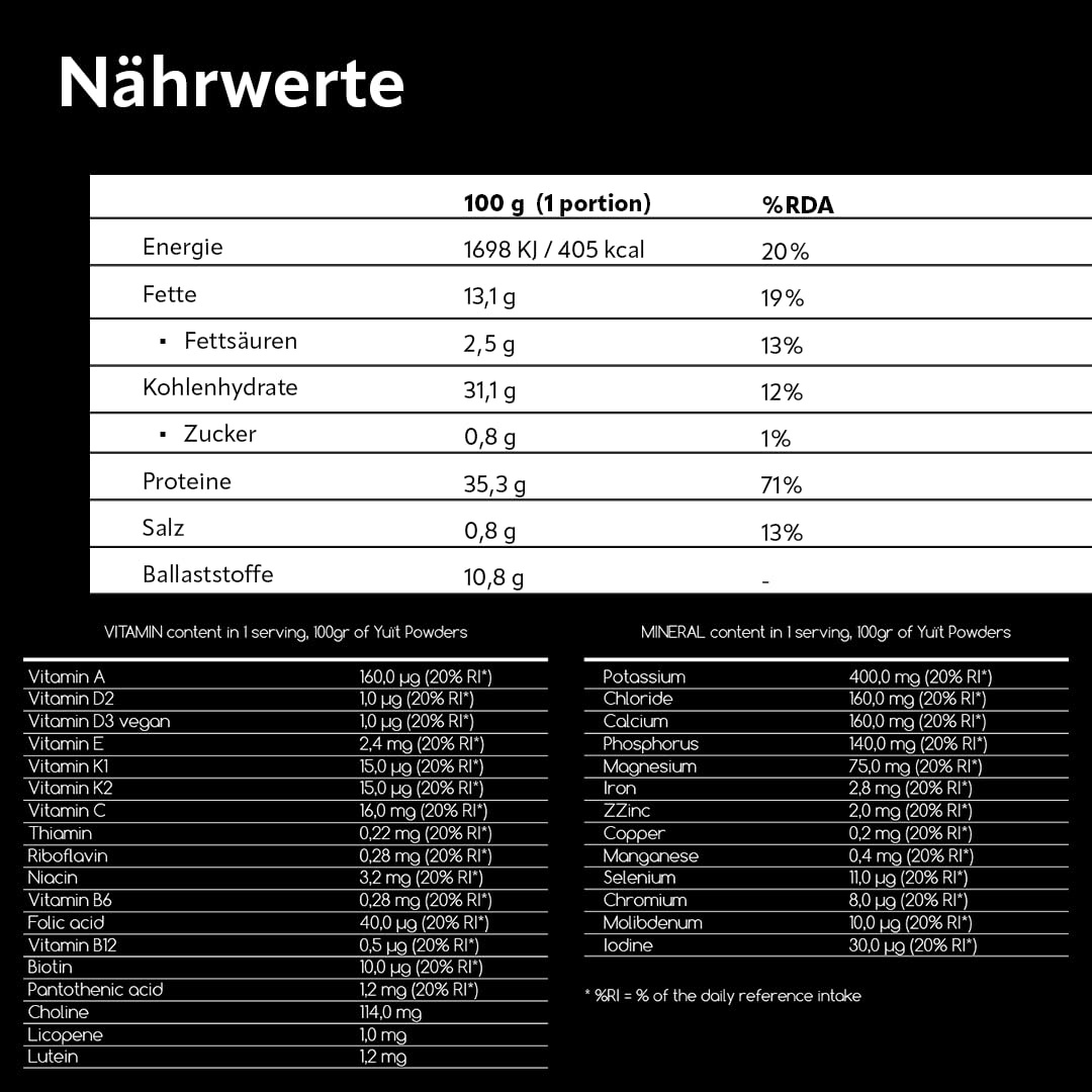 YUIT - Trinkmahlzeit in Pulverform mit 31 Vitaminen und Mineralien + Probiotika -Eiweißshake mit 35 g Eiweiß - Natürliche und echte Lebensmittel - Sättigender Mahlzeitenersatz (1kg-Schokolade+SHAKER)