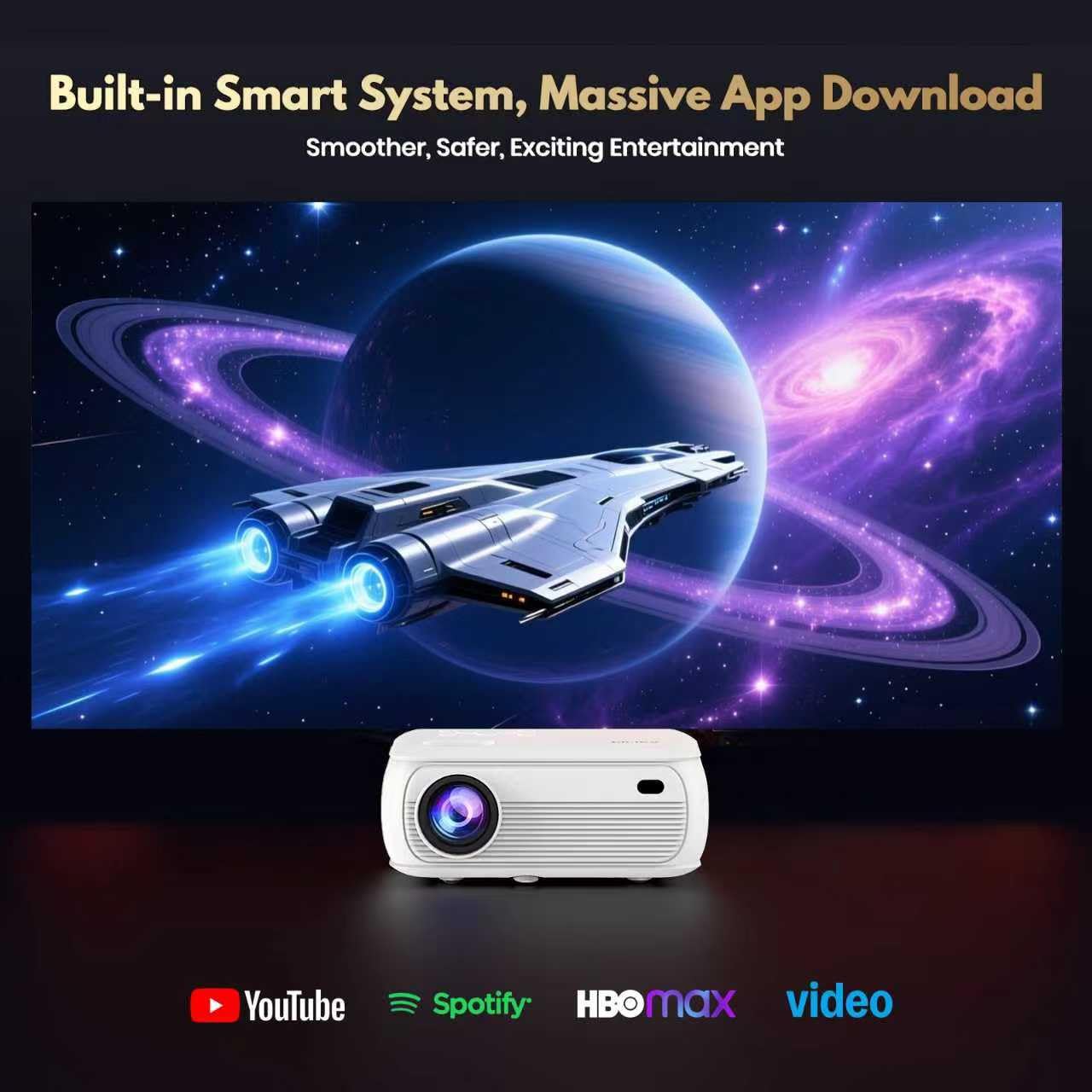Mini proiettore FHD 4K, basso rumore, 450ANSI, adatto alla luce diurna, chiave automatica, altoparlante HiFi, Android 11.0, WiFi 6 BT5.2, proiettore home theater per camera da letto, giardino, bianco