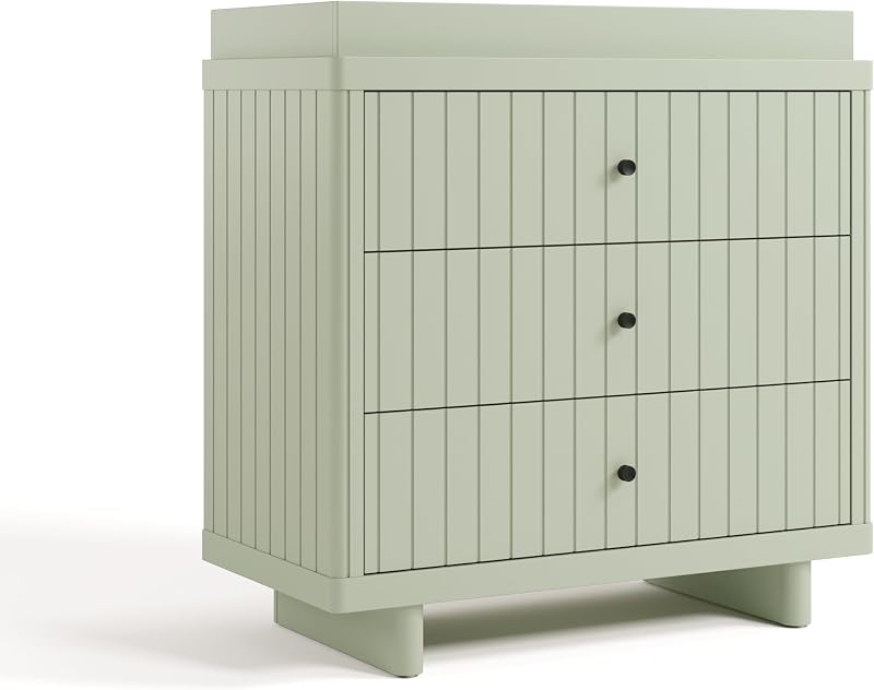 Storkcraft Kyoto Cómoda de 3 cajones con adorno, Salvia | Cómoda de madera con certificación GREENGUARD Gold para guardería y dormitorio infantil, sistema de cajones entrelazados, fácil montaje, rieles preinstalados