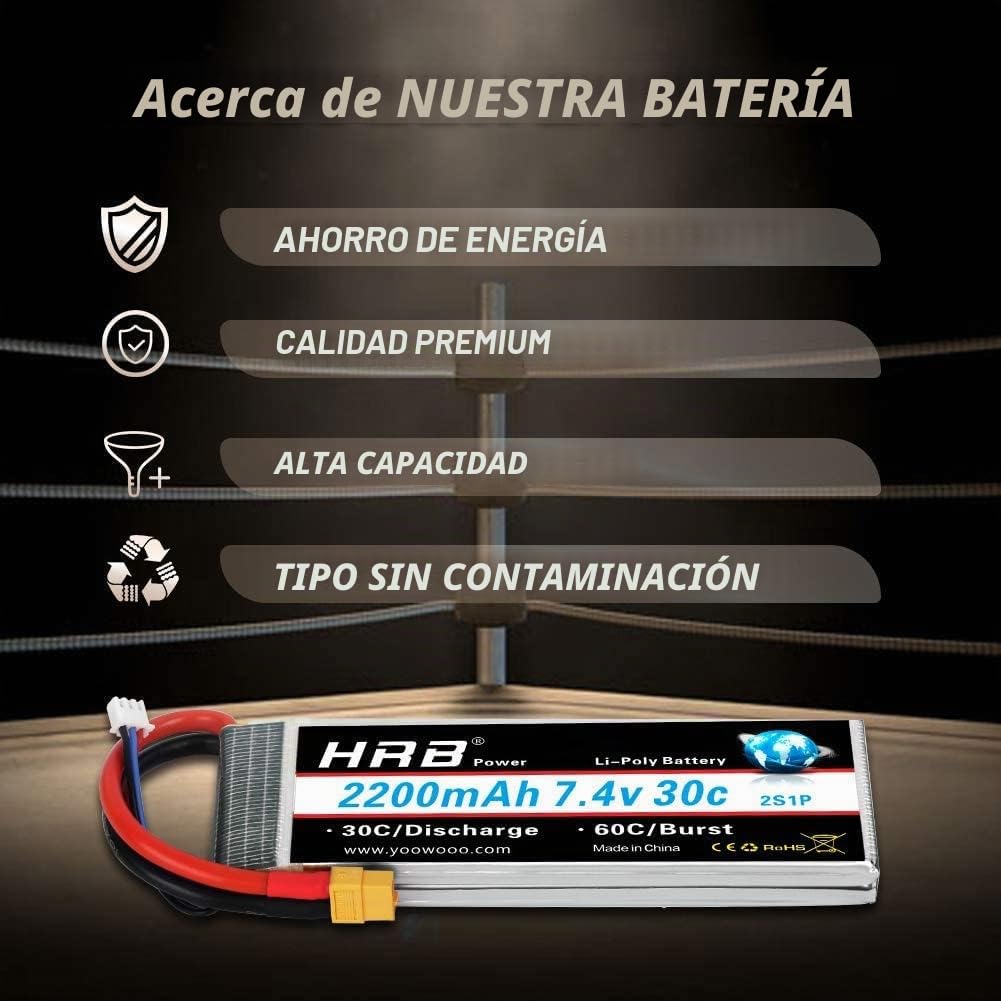 HRB 2pc 2200mAh 7.4V 2S 30C LiPo Batería con Enchufe XT60 Compatible con RC Traxxas 1/16 E-Revo VXL Summit Slash Losi 1/14 Mini 8ight y RC Cars