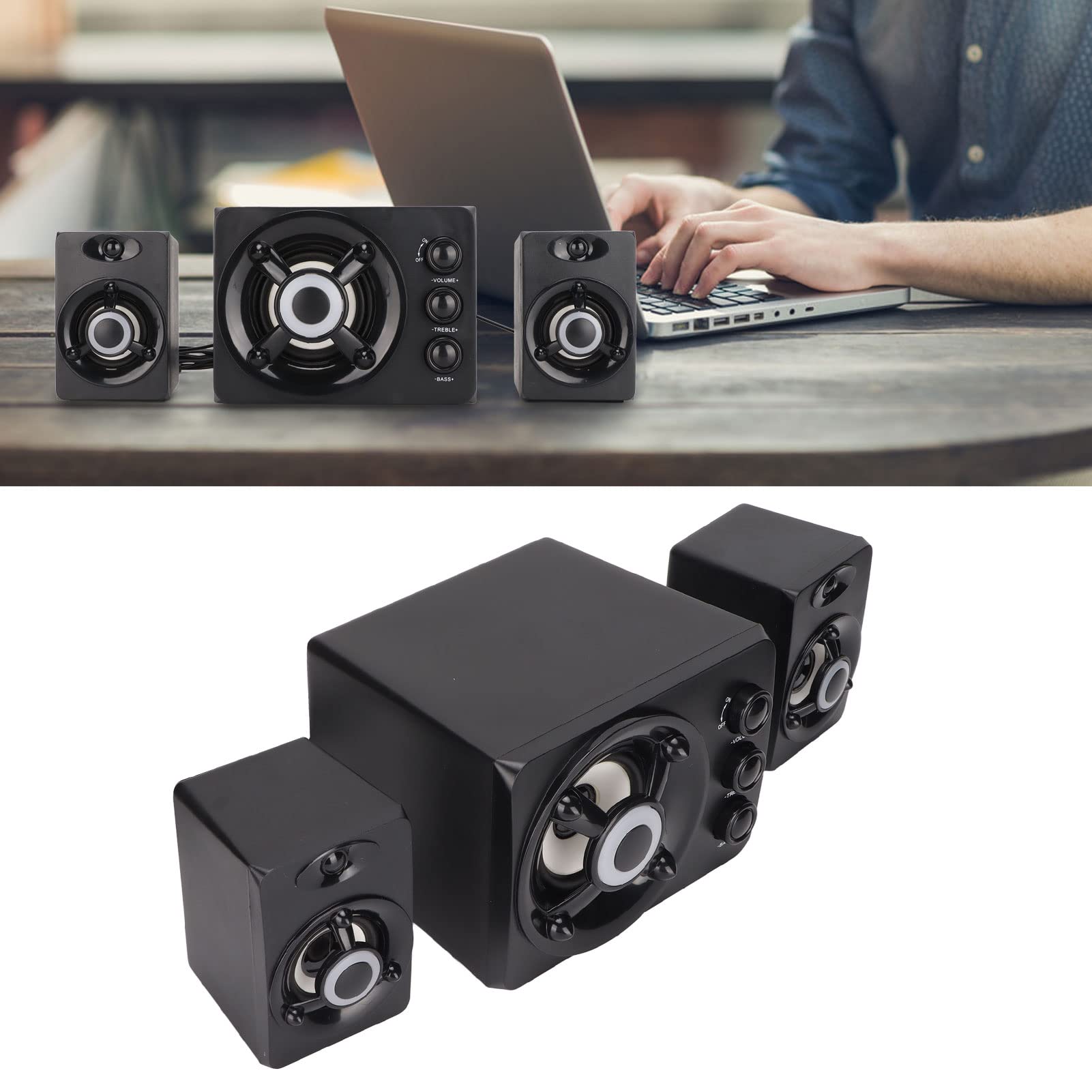 Woofer, Haut-parleurs d'Ordinateur Filaires Mini Contrôle du Volume Entrée AUX 3,5 Mm Système Plug and Play 2.1 avec Lumière RVB pour Ordinateur Portable de Jeu (Nouveau Noir)